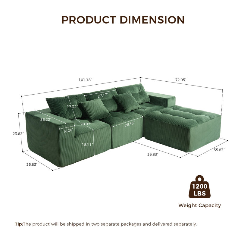 Canapé d'angle modulaire en velours côtelé de 257 cm (101 po), 3 places convertible avec méridienne amovible, configuration à faire soi-même pour le salon, vert