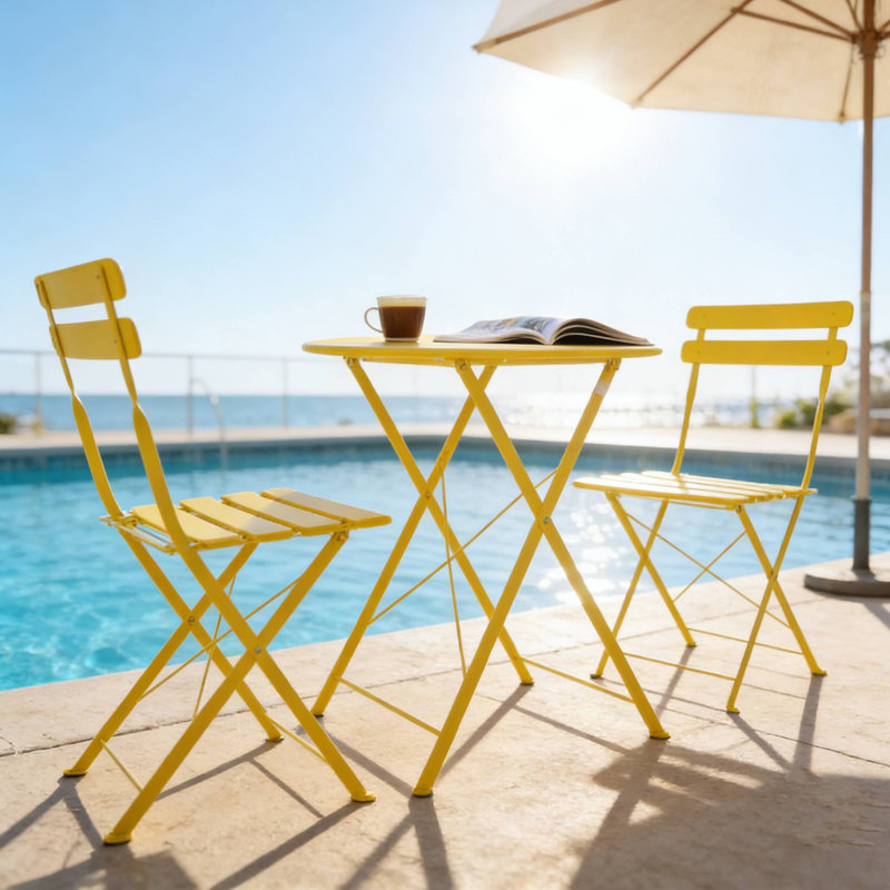 Bistro de patio jaune 3 pièces, table de chaise en métal, construction résistante à la rouille, pliable pour le rangement, facile à nettoyer, coussins inclus