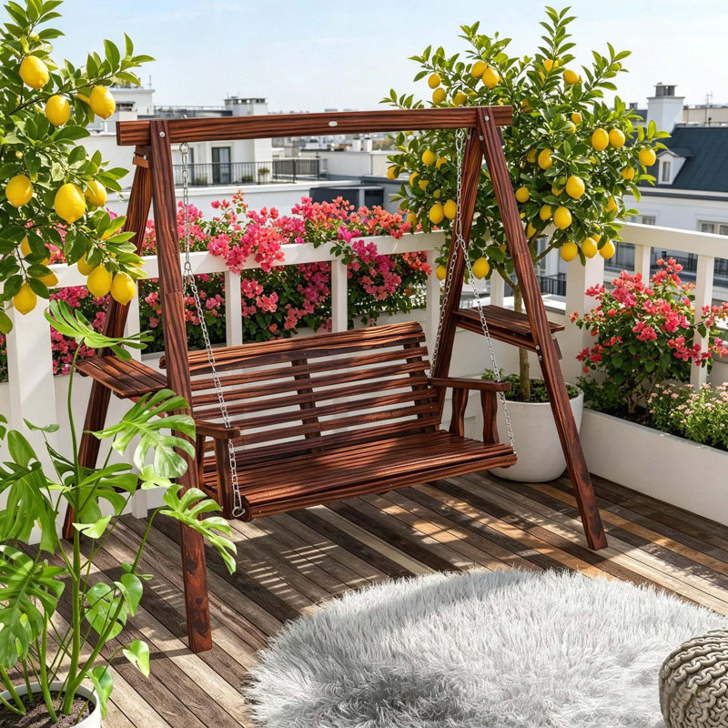 Balancelle d'extérieur 2 places avec support, tables d'appoint et chaînes en métal pour le jardin, Brown