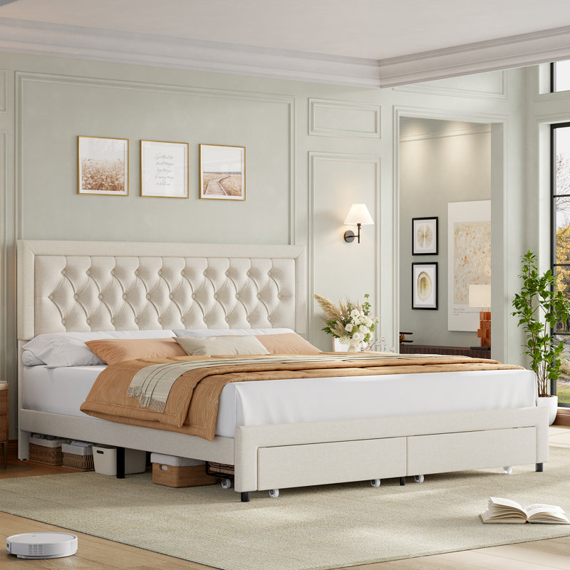Binghamton Upholstered Platform Bed With 2 Storage Drawers, Wood Storage Bed Frame With Adjustable Headboard, King