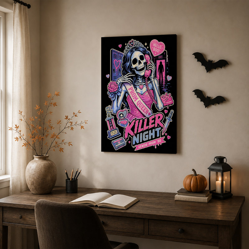 Art rétro sur toile rétro rétro des années 80 en rose fluo et Halloween, 24"H x 16"W