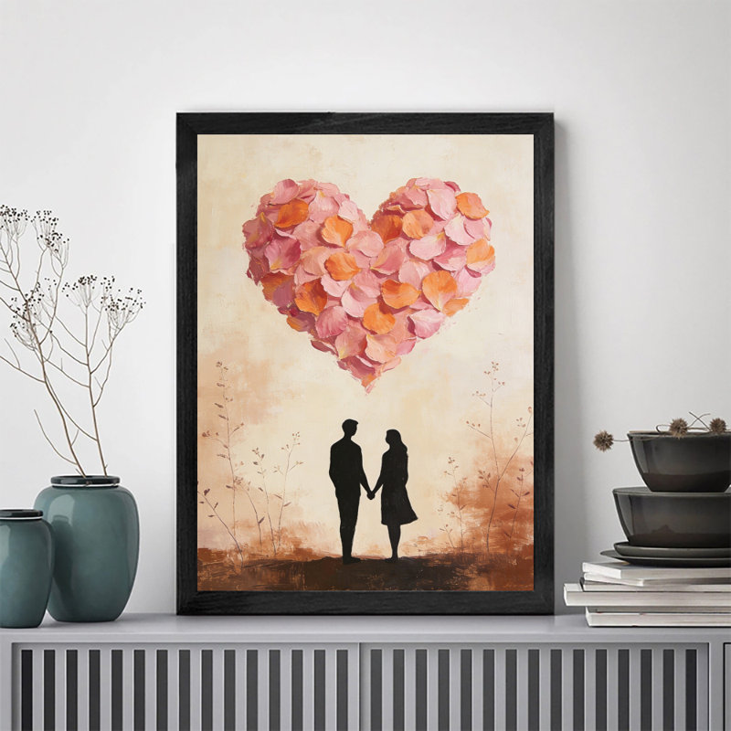 Reproduction d'art encadrée noire, peinture à l'huile en forme de cœur floral, thème de la Saint-Valentin, H 17 po x l 13 po