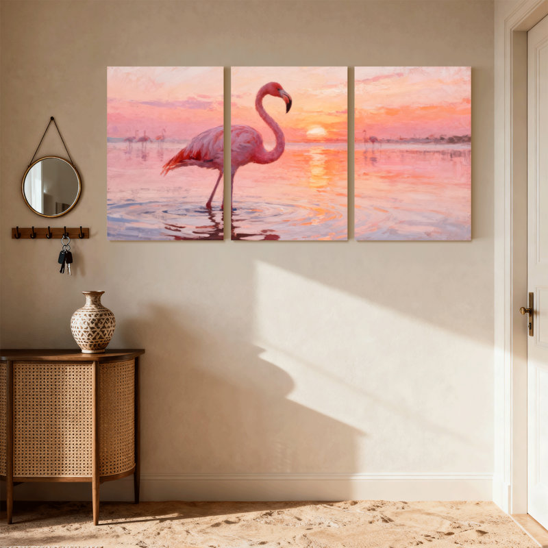 «Birds Flamingo Sunset Water Reflection Pink Sky Landscape», ensemble de 3 impressions sur toile, H 24 po x l 48 po