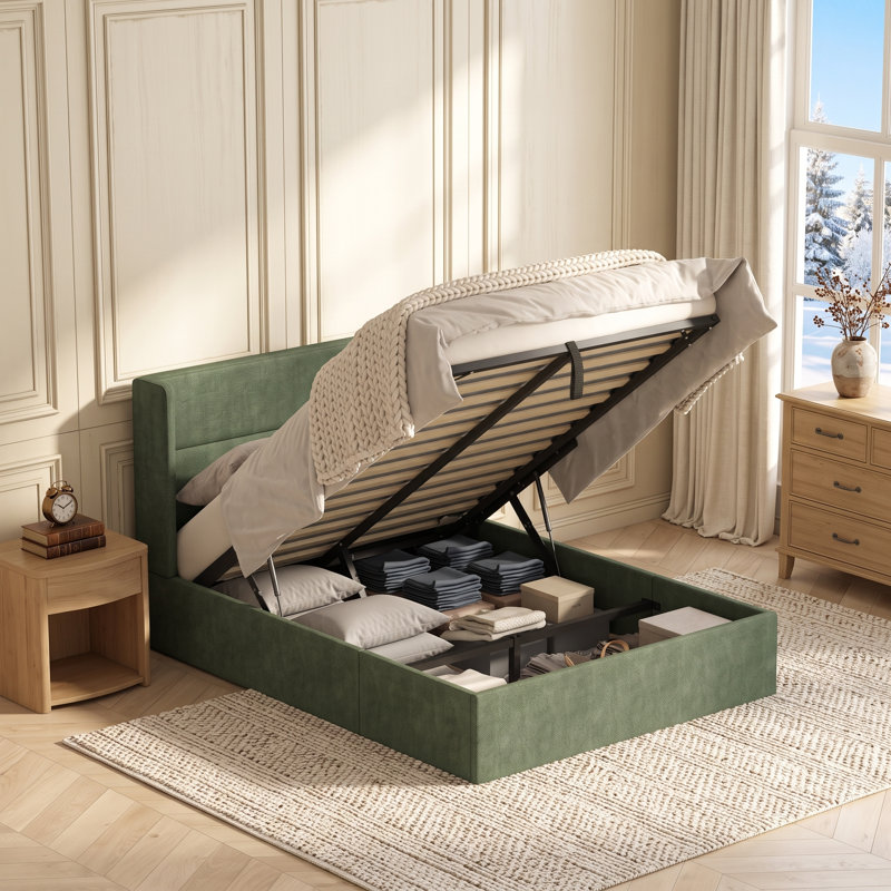 Structure de lit tapissier Annek avec rangement relevable, tête de lit à oreilles de H 40,9 po, lattes de bois et structure en métal, plusieurs tailles et options de tissu disponibles