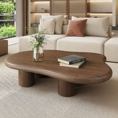 Table basse de 48,5 po en forme de nuage rustique avec 4 pieds, finition en placage de noyer rétro, table basse en bois pour le salon