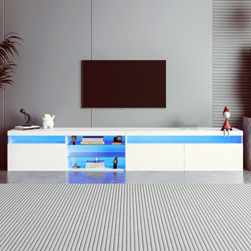 Multifunctional TV Stand With 2 Glass Shelves, Accommodates Tvs Up To 105 Inches, Features LED Color-Changing Lights, Ideal For Living Rooms, White