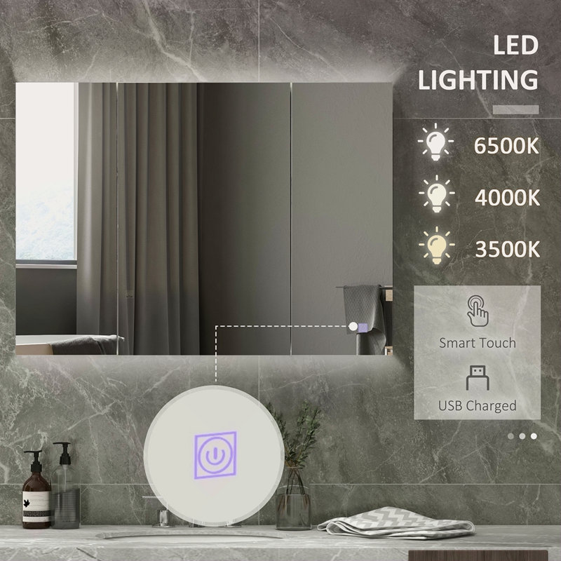 Armoire à pharmacie lumineuse avec miroir, miroir de salle de bain mural 26 po x 36 po avec rangement, armoire murale de salle de bain 3 couleurs avec charge USB, tablette réglable