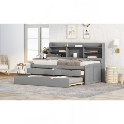 Twin Size Wooden Captain Bed With Built-In Bookshelves