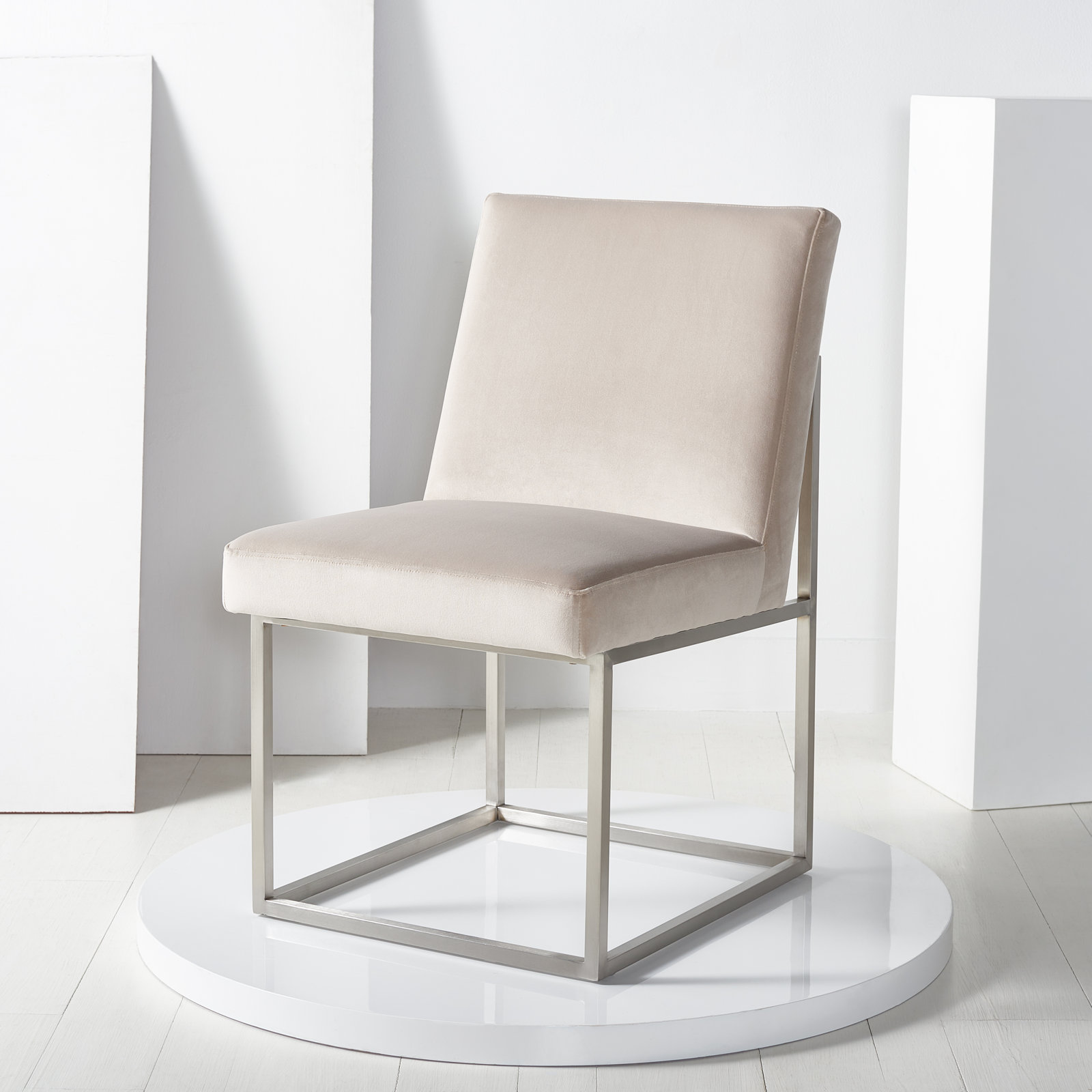 Athens Upholstered Stainless Steel Side Chair, Silver, Taupe Velvet