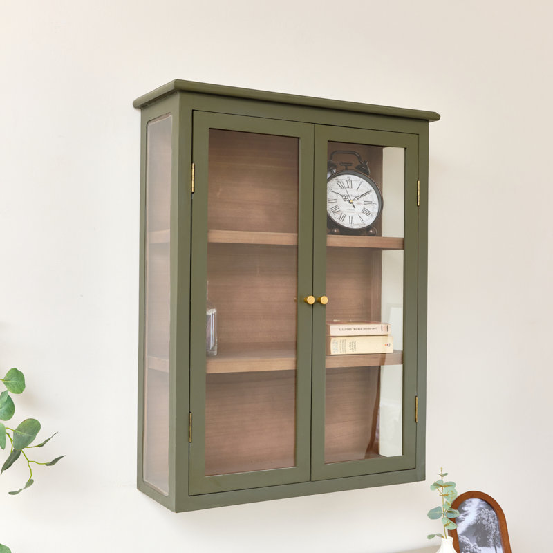 Khaki Green And Wood Wall Cabinet With Clear Glass Front 70Cm X 90Cm