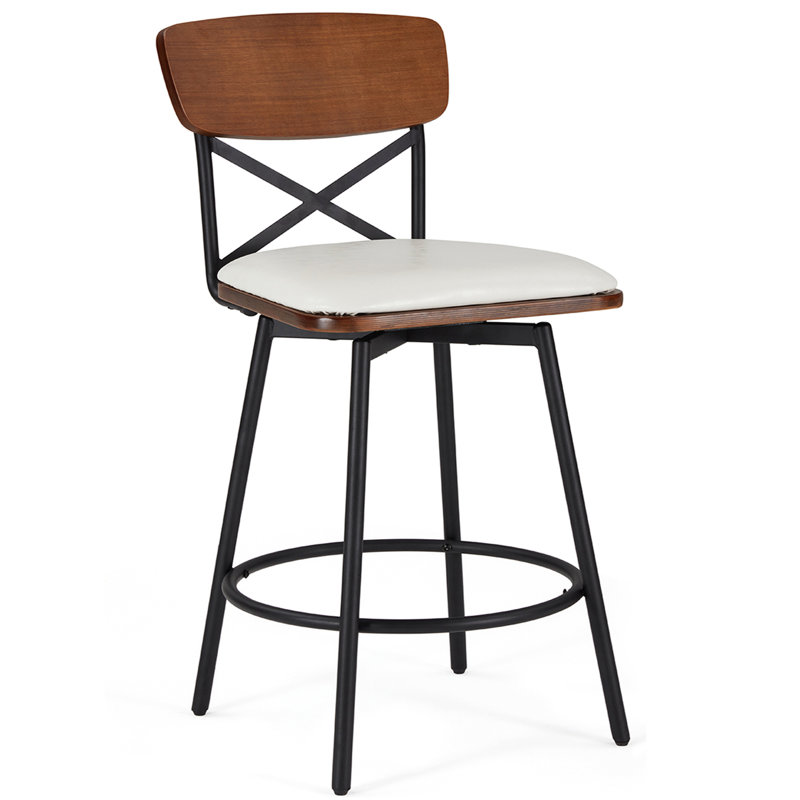 Jeremaiah Swivel Upholstered Counter Stool with Metal Frame, White/Faux Leather