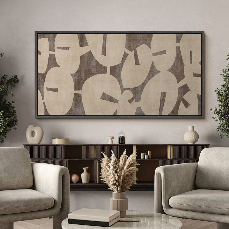 Motif géométrique abstrait dans des tons terreux, art moderne, H 30 po x l 60 po, Noir, noir, noir, noir