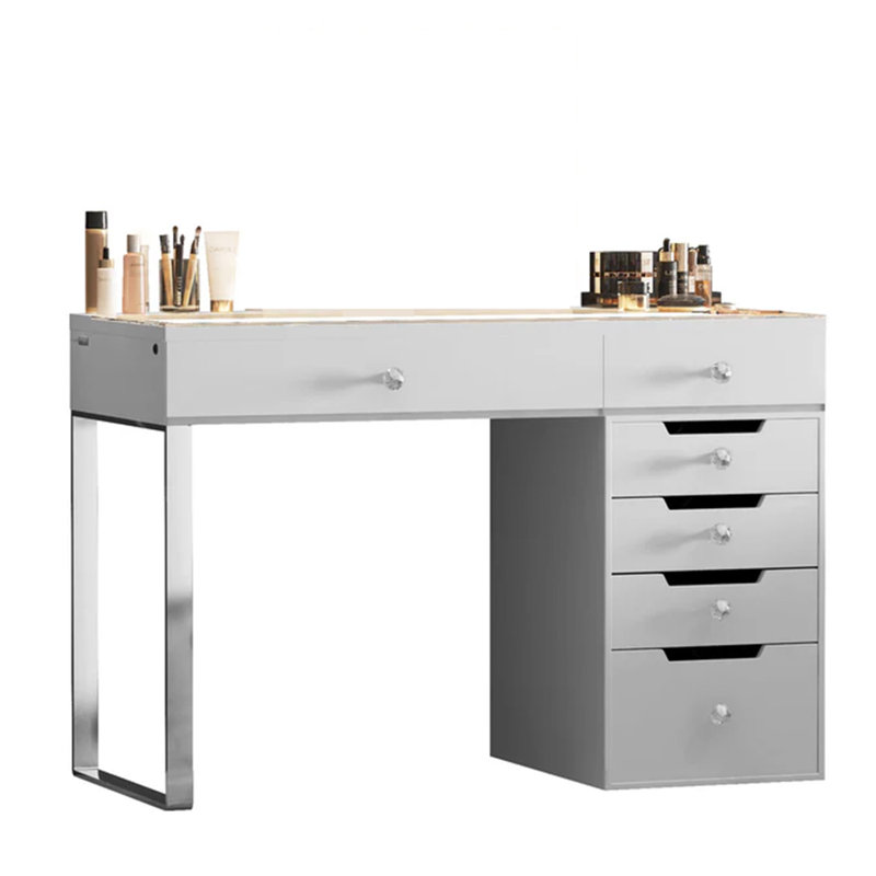 Maquillage pour meuble-lavabo comptoir en verre HD avec bande d'éclairage à DEL intégrée à 6 grands tiroirs et poignées en diamant très facile à assembler