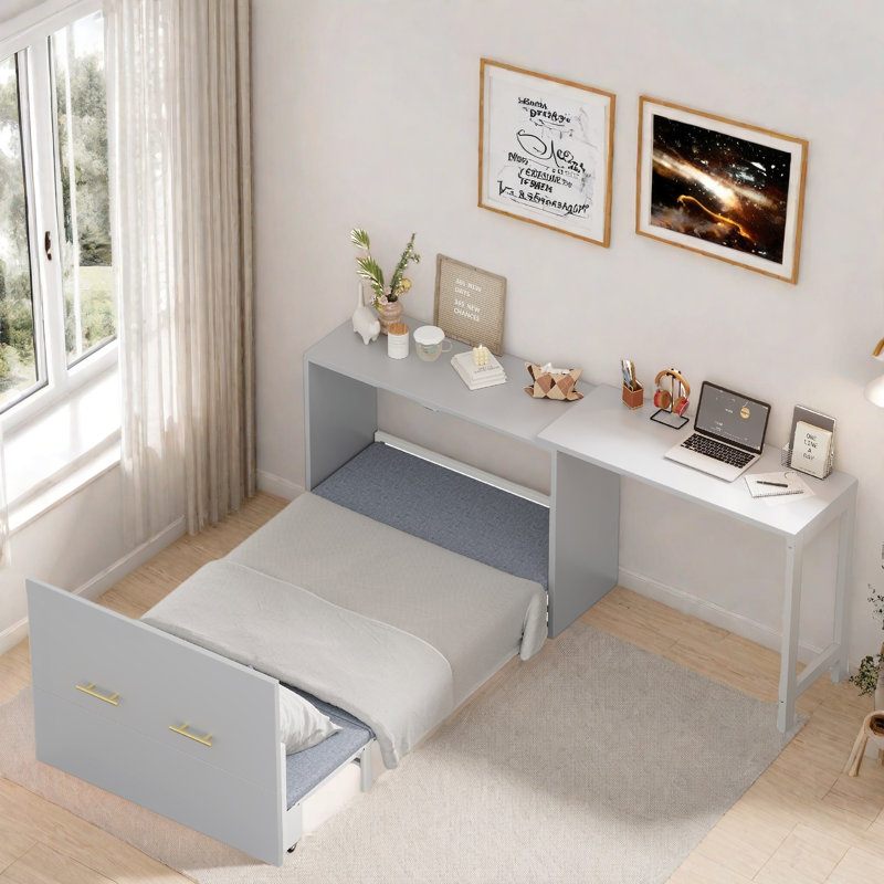 Murphy Bed With Adjustable Position Desk And Foldable Cushion, Gray