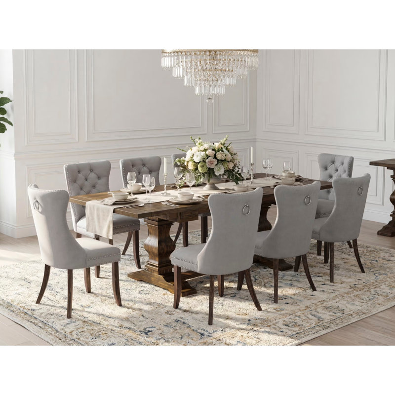 L'ensemble de 9 pièces de coin-repas comprend une table de salle à manger rectangulaire avec rallonge amovible et 8 chaises rembourrées, jacobine vieilli
