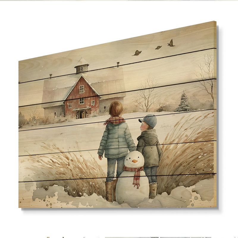 Enfants jouant dans la neige I - impression sur bois sans cadre, H 16 po x l 32 po x P 1 po