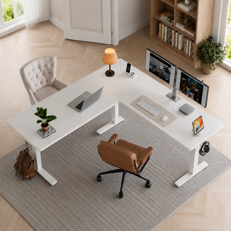 63" L-Shaped Adjustable Height Glass Standing Desk, Wireless Charging and Smart Storage, White