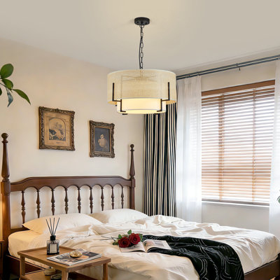 Luminaire suspendu 19,7 po en rotin tissé à la main avec abat-jour en tissu 19,5 po Boho