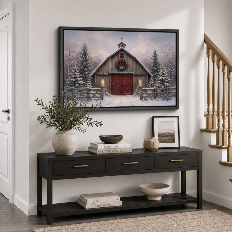 Illustration de grange de Noël porte rouge rustique, H 24 po x l 36 po x P 1,5 po, Cadre noir