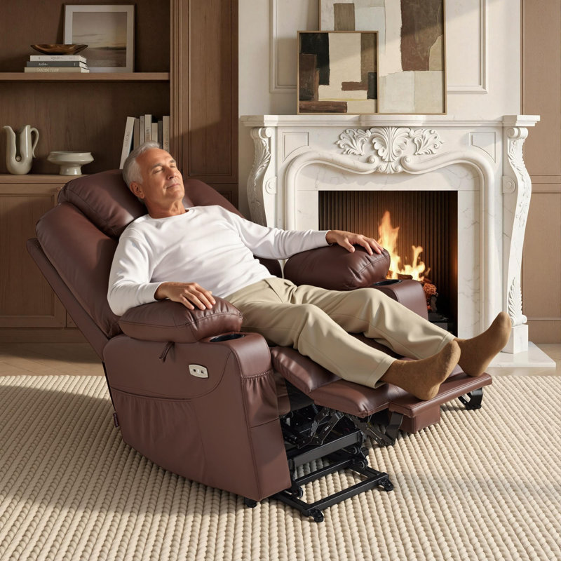 Power Recliner Lift Chair with Massage and Heat for Big and Tall People, 3 Positions, Faux Leather, Light Brown Faux Leather