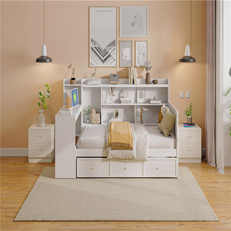 Structure de lit de jour simple en bois, 3 tiroirs, USB, bureau, Lit simple, Blanc