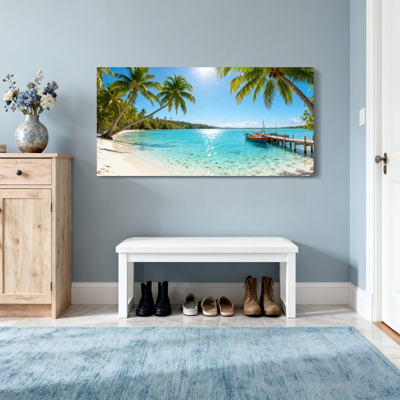 Paysage et nature, plage tropicale, palmiers, eau claire, quai, bateau, soleil, ciel, H 28 po x l 58 po