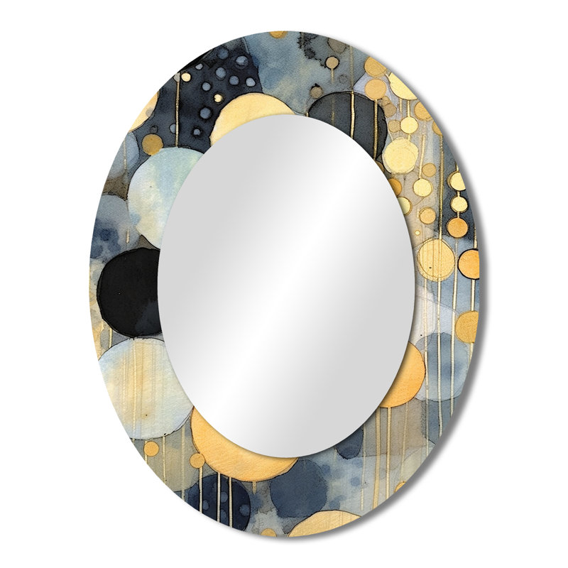 Pastel Abstract With Blue Black & Gold Spots XVIII - Large Oval Wall Mirror On Metal, 43" x 33"