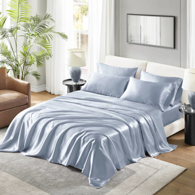 Drap-housse pour grand lit 6 pièces en satin de satin bleu pour grand matelas doux pour la peau et les cheveux