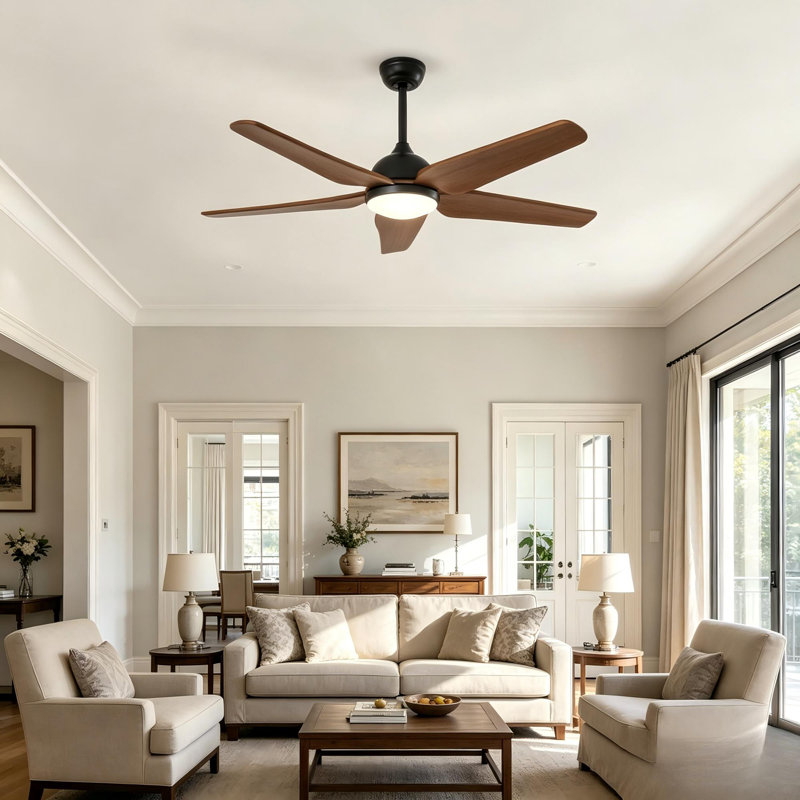 Ventilateur de plafond en bois massif 52 pouces avec lumière, Noir mat, Bois naturel