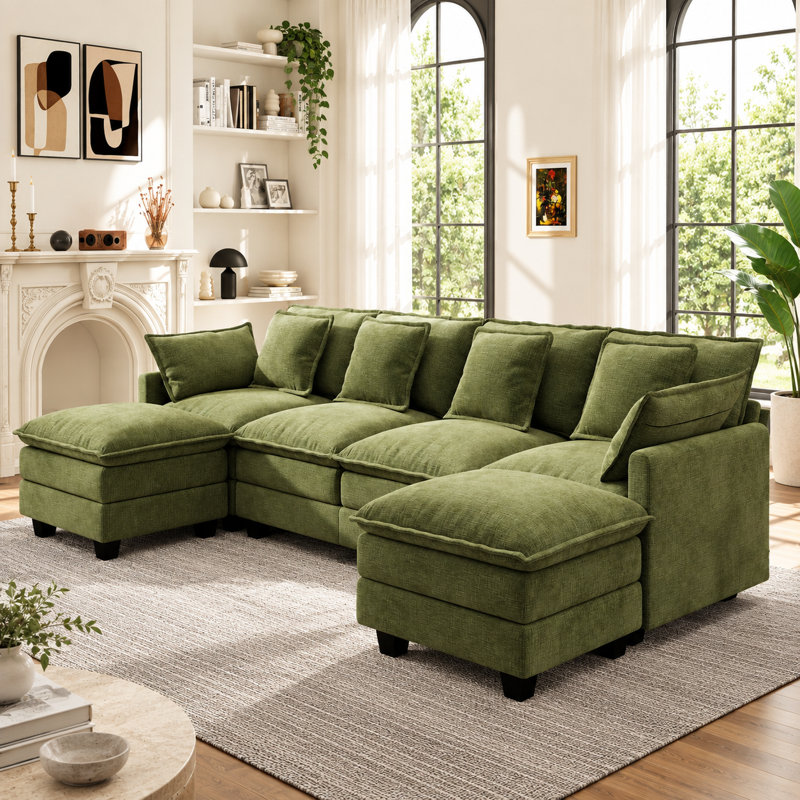 Canapé modulaire en U en chenille 6 pièces avec deux repose-pieds George, Vert