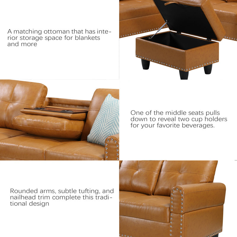 Canapé modulaire en similicuir avec repose-pieds, Similicuir gingembre