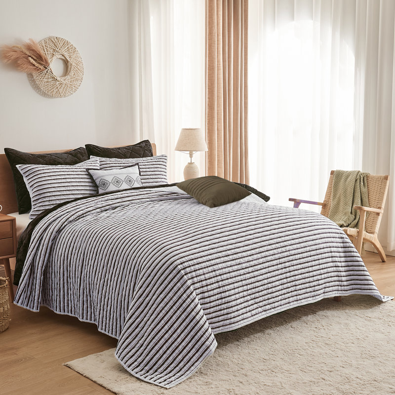 Queen Size White and Brown Striped Cotton Quilt Set with Shams and Throw Pillows