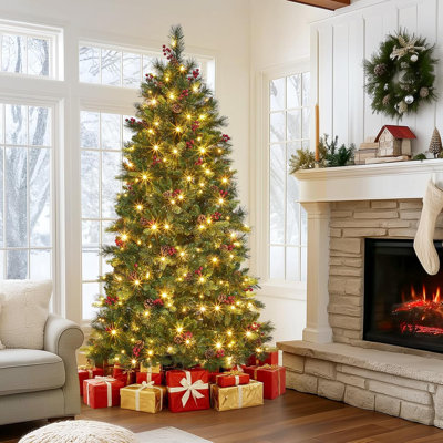 6FT Prelit Artificial Christmas Tree with Pine Cones & Red Berries, Fluffy Fraser Fir, 350 Warm White Lights, 900 Branch Tips, Indoor Holiday Decoration