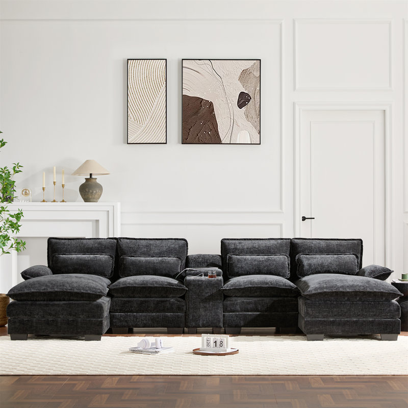 123*55"Modern U-Shaped Sectional Sofa With Console, Black