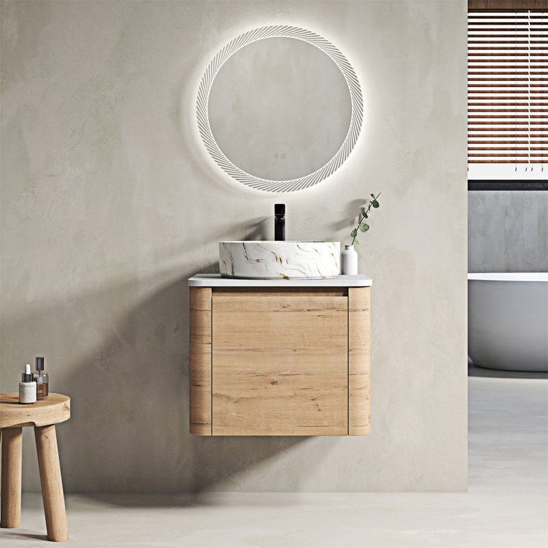 Meuble-lavabo mural avec lavabo d'art en céramique, Blanc / Doré