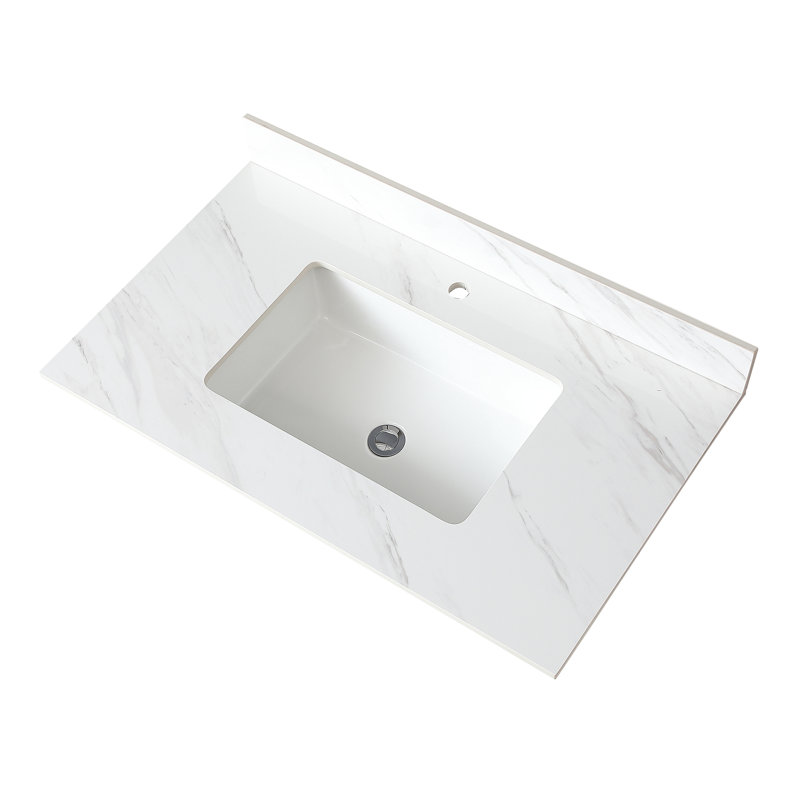 37 Inch White Sintered Stone Bathroom Washbasin Vanity Top With 4" Backsplash - Stone, Rectangular Middle Sink, Pre-Drilled Faucet Holes,