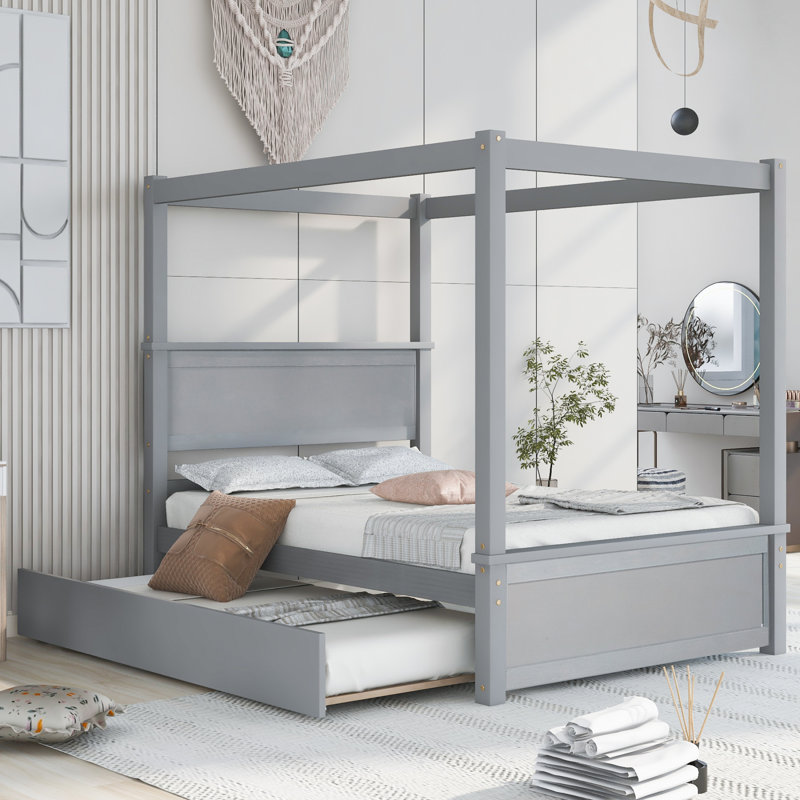 Wood Canopy Bed With Trundle Bed, Gray