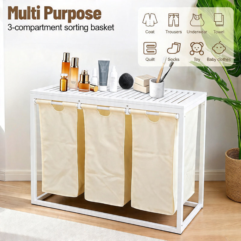 Panier à linge 3 sections avec couvercle, sacs lavables amovibles, panier à linge pour salle de bain (blanc), Beige