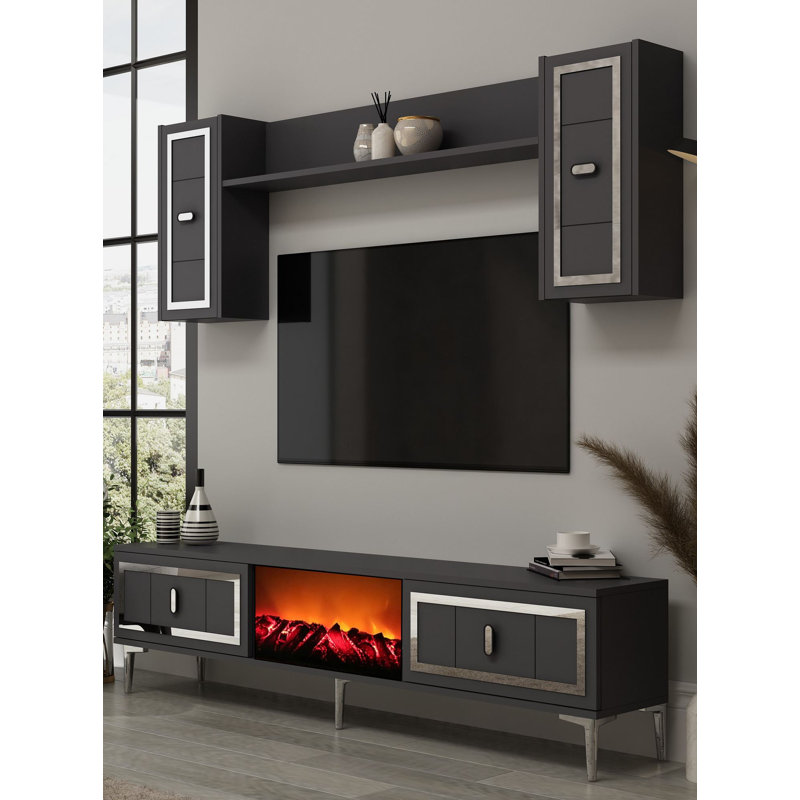 Meuble télé moderne avec tablette murale, 59,1 po x 17,6 po x 11,6 po | 100% panneau de particules enduit de mélamine, épaisseur: 0,7 pouce | Nombreuses tablettes, à fixation murale, parfaites pour les salons contemporains