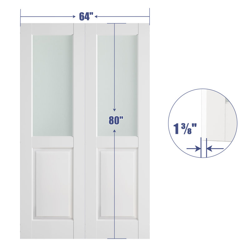 Portes en bois massif de 80 po en verre massif givré apprêté 1-Lite sans trousse de quincaillerie, 64 po x 80 po