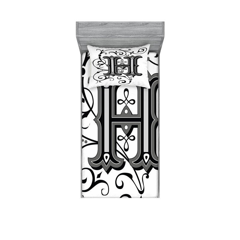 Drap-housse et coussin décoratif Ambesonne Lettre H noir gris blanc, Ensemble de draps pour lit simple + 3 pièces supp