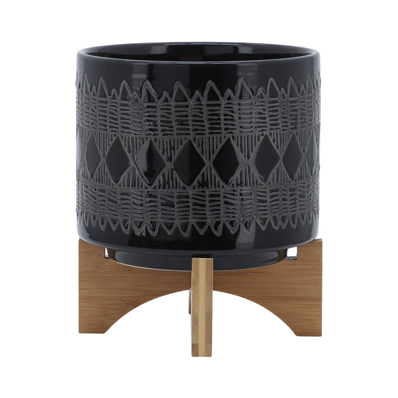 Pot à fleurs aztèque en céramique sur support en bois 8 po