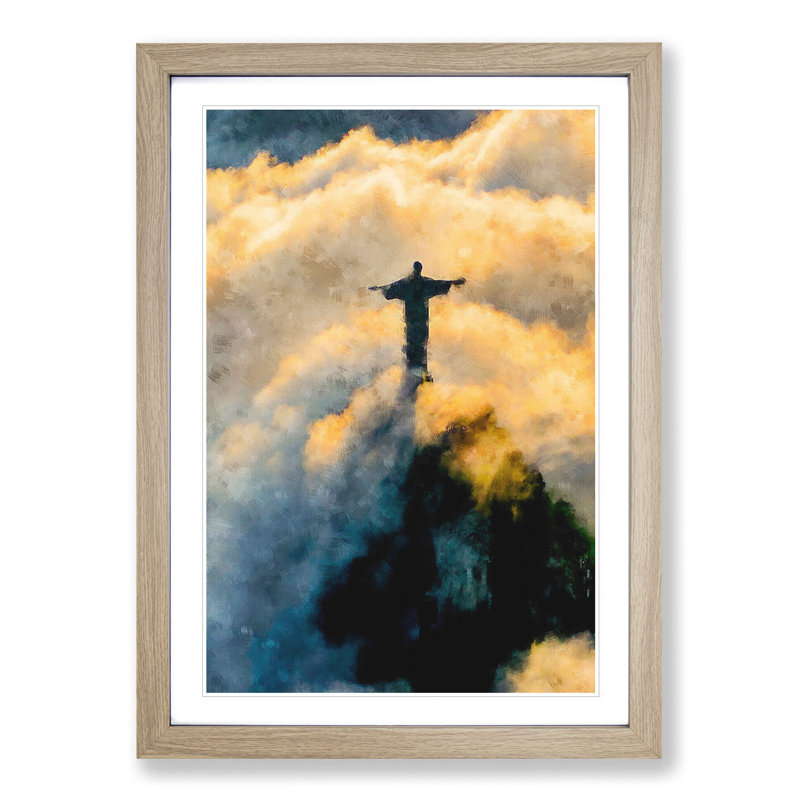 Christ The Redeemer In Brazil - Single Picture Frame Painting on MDF, Oak Framed, 45cm H x 33cm W x 2cm D