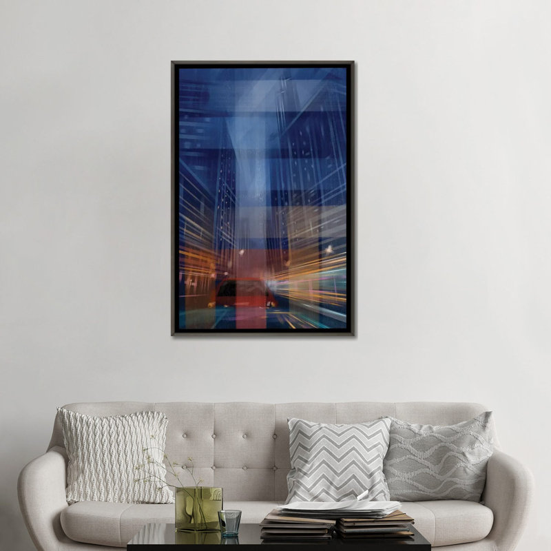 City Night Lightning Trail - reproduction d'art murale - toile encadrée, 48 po x 32 po, Toile avec cadre, Grey