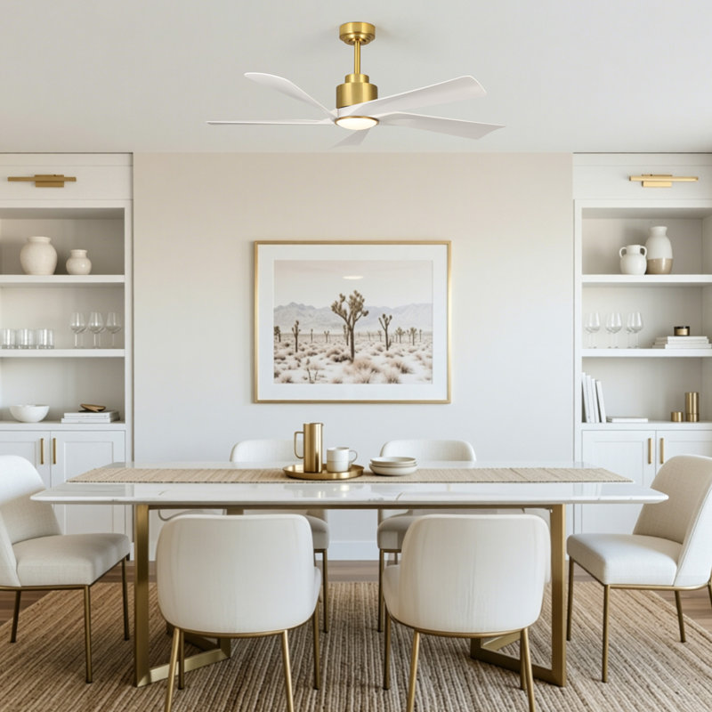 Karlena 52'' Modern Large Ceiling Fan With Led Lights And Remote Control, App, Timer, Memory, Gold with Off White Blade