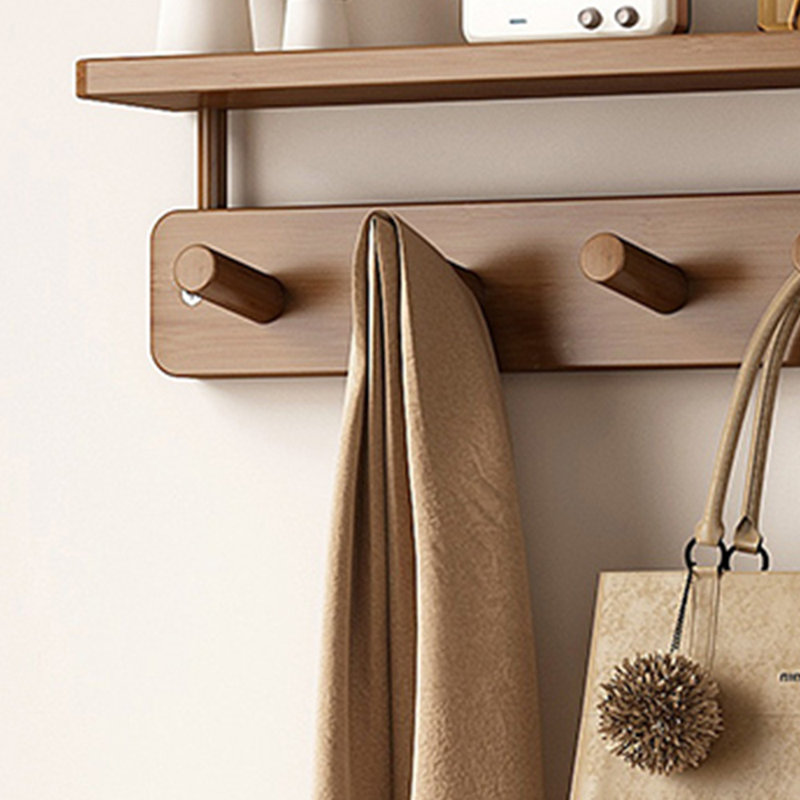 6 Hooks Wall Coat Hook Rack With Floating Shelf, Tan