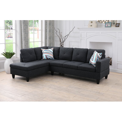 Black Grey Linen L Shaped Sectional Sofa, Sofa & Chaise 