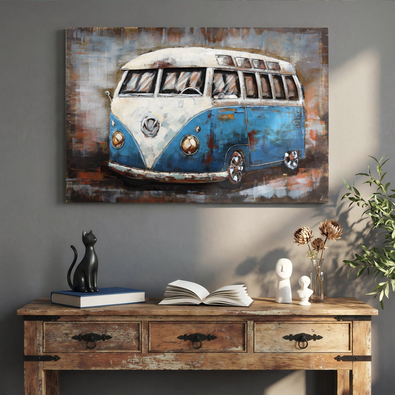 «Blue Bus», art mural en fer peint à la main en 3D