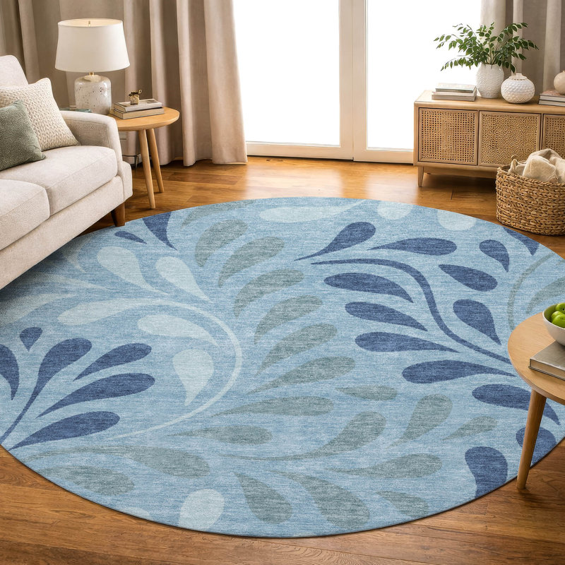 Premium Machine Washable Mayfield AMF2411 Floral Rug, Denim, 8' Round