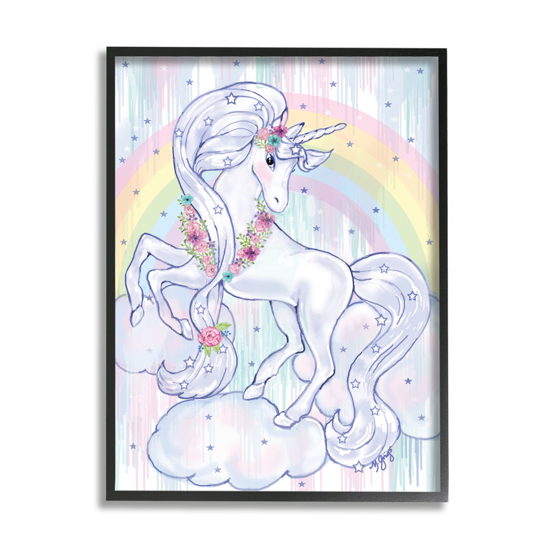 Mauve, licorne mauve, nuages de crinière florale sous l'arc-en-ciel - impression, Giclée encadrée noir minuit